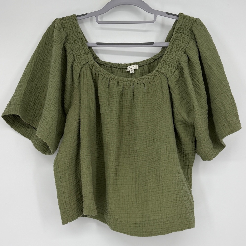 Z Supply XL Green Cotton Double Gauze Smocked Neck Peasant Top Cottage Fall